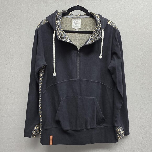 Ampersand Avenue Hoodie Womens XL Black Half Zip Leopard Print Kangaroo Pocket - Picture 1 of 8